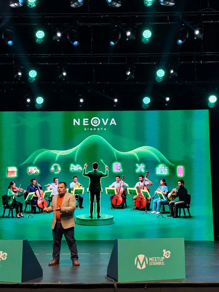 A presentation on the Meetup Istanbul main stage with Neova Sigorta visuals